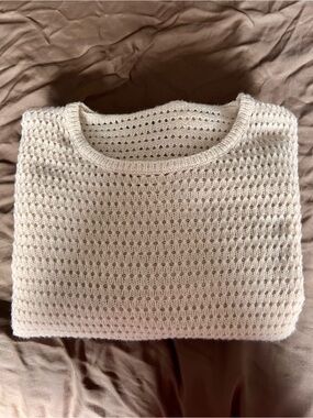 Oversized Open-Knit Crewneck Sweater in Light Beige